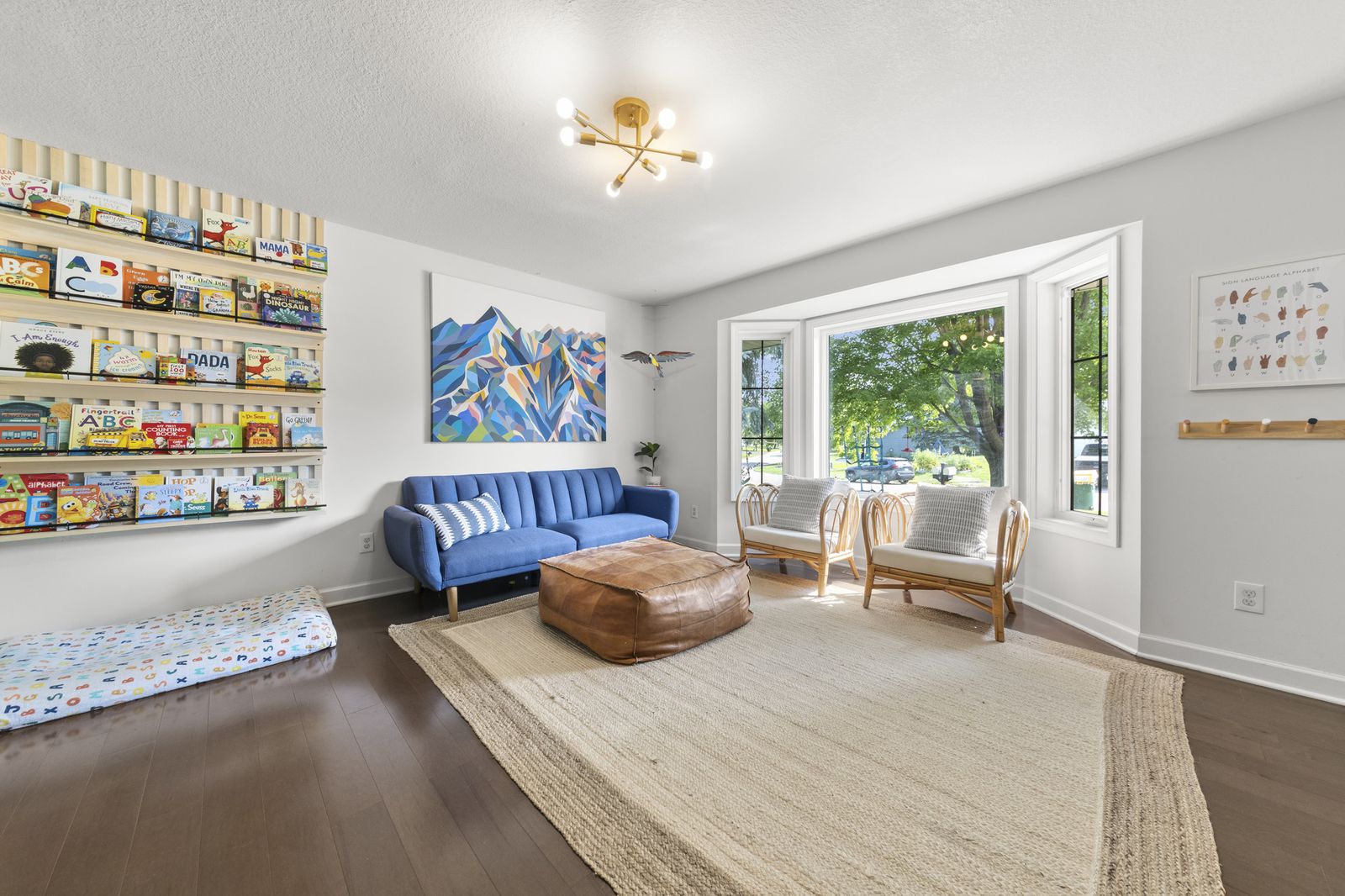 Living room with blue sofas and bay window