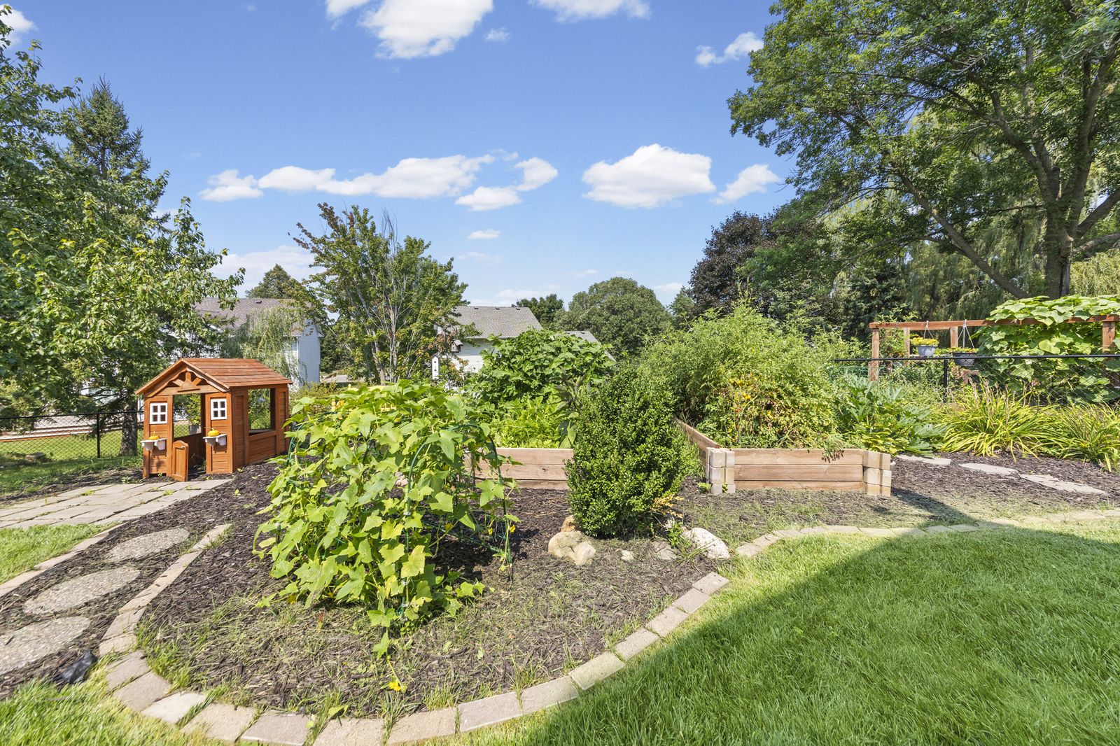 Backyard garden beds and playhouse