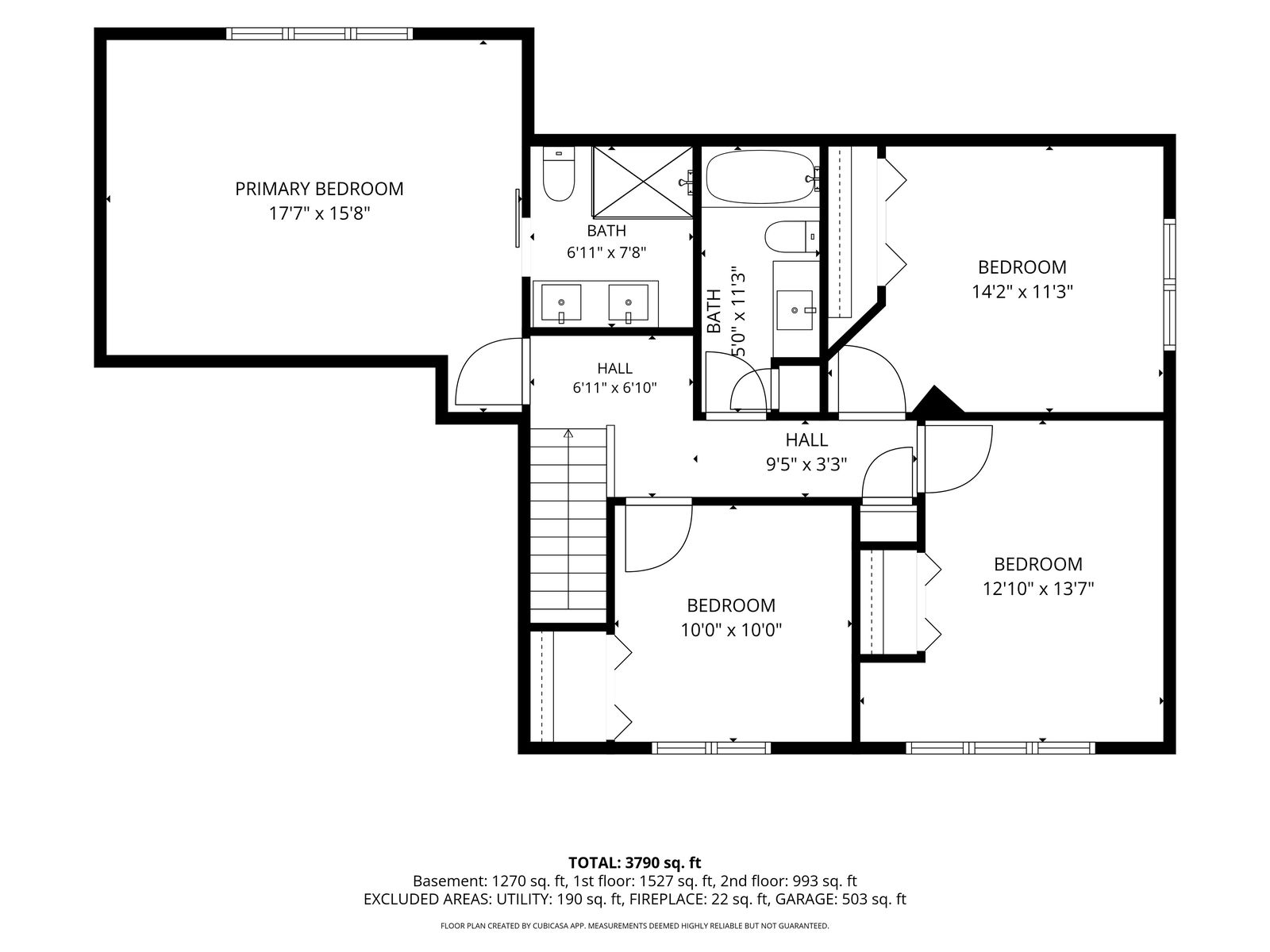 Upper level floor plan diagram showing bedrooms and bath