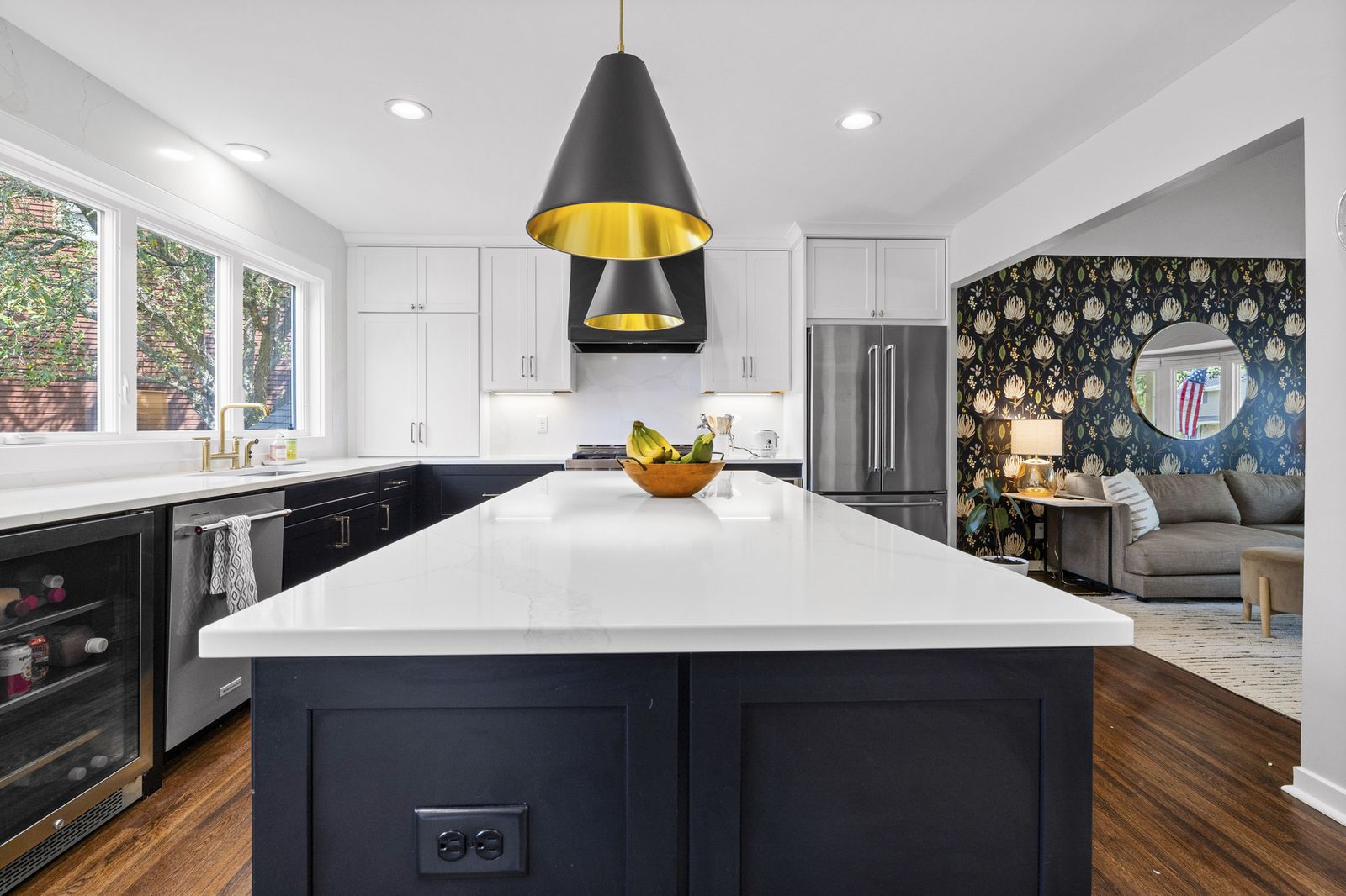 Kitchen island with white quartz countertop