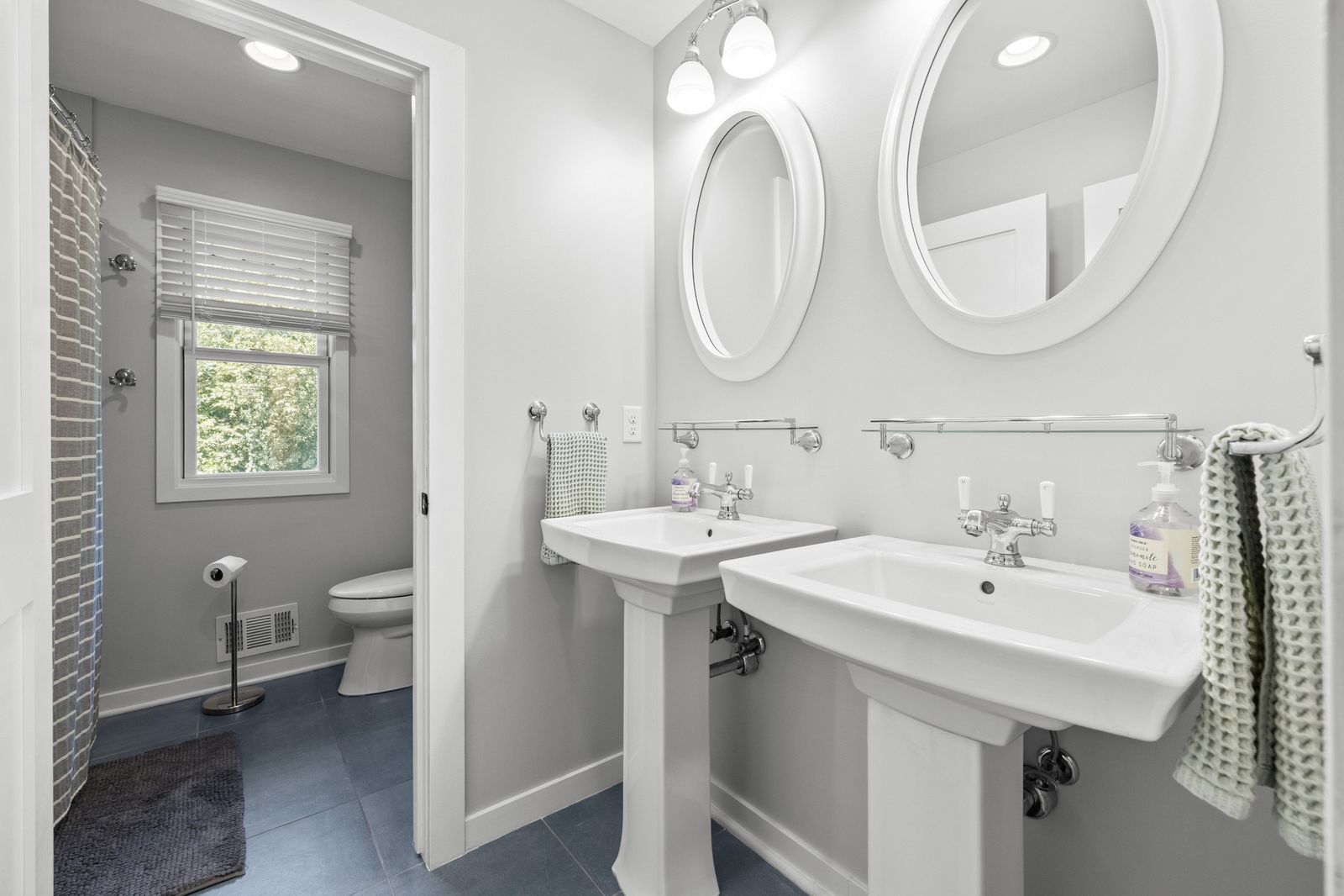 Bathroom with double pedestal sinks and mirrors