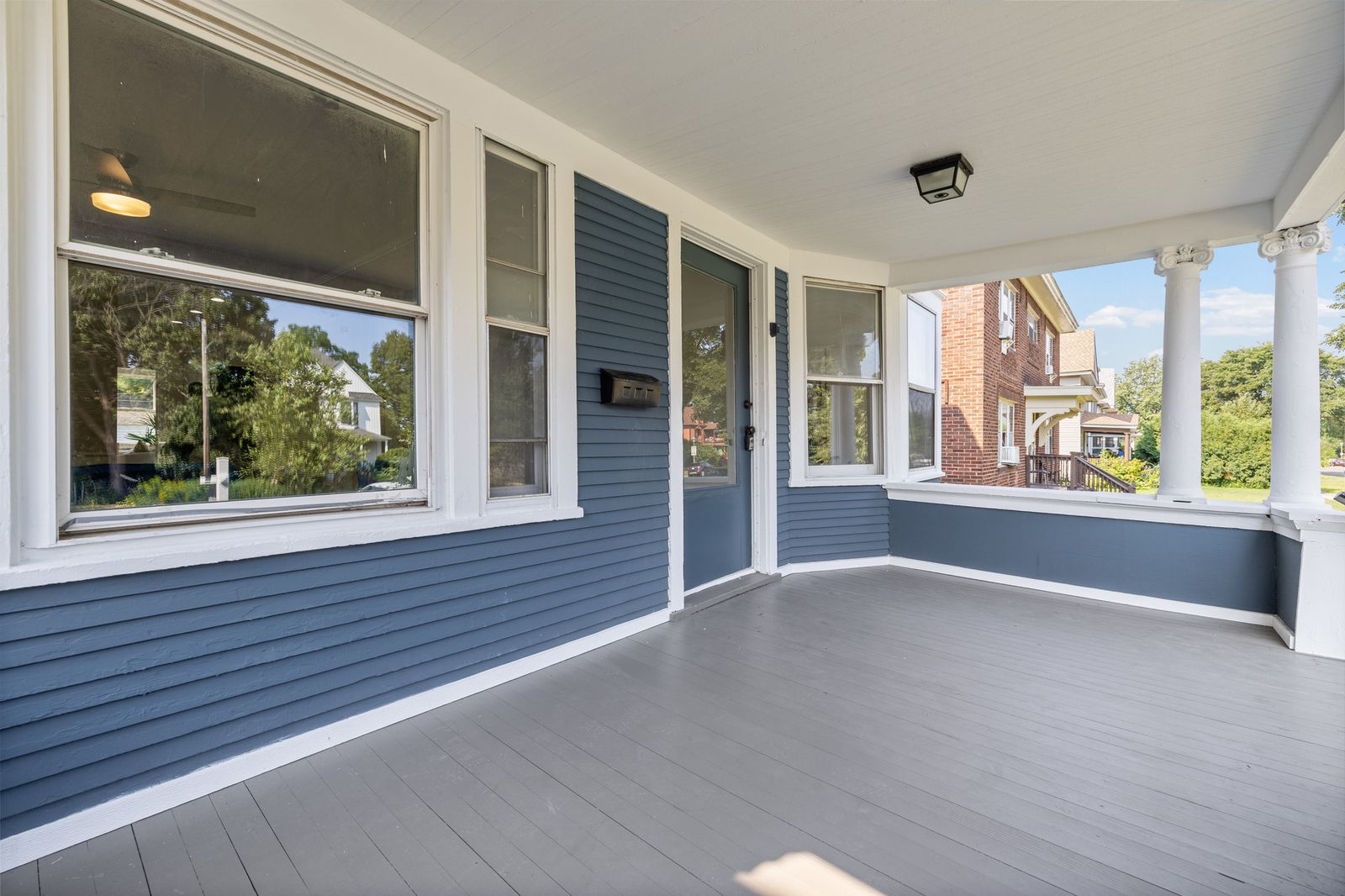 Front porch interior with blue walls
