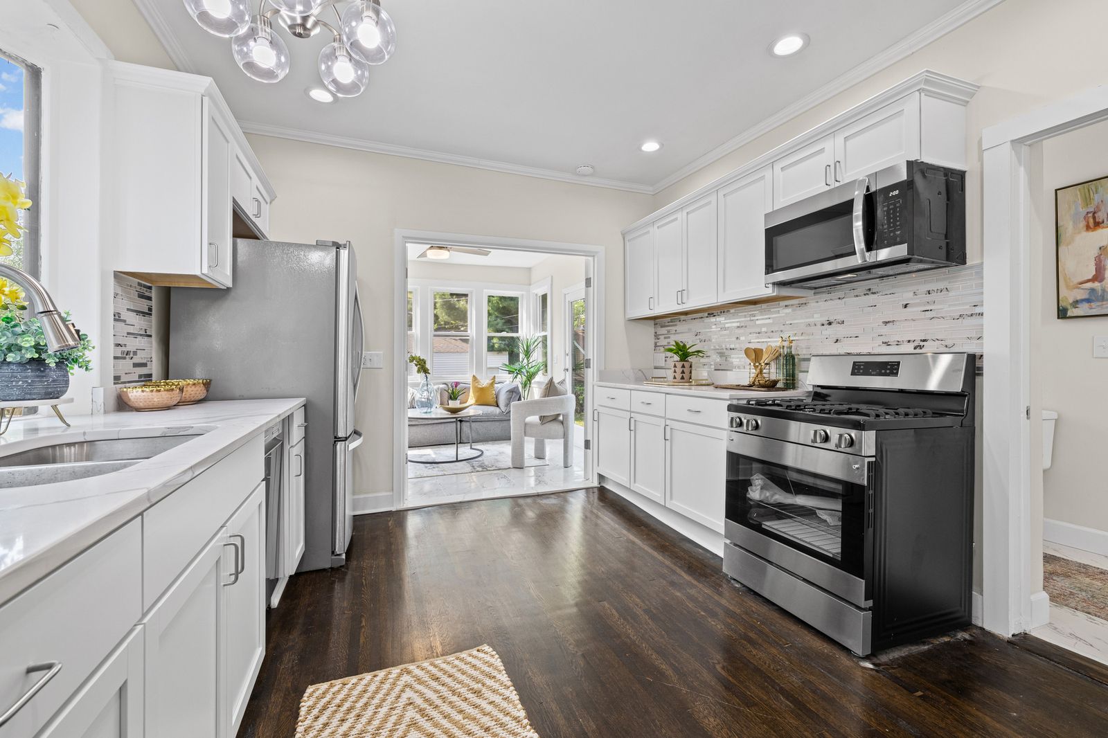 Kitchen with stainless steel appliances, alternate view