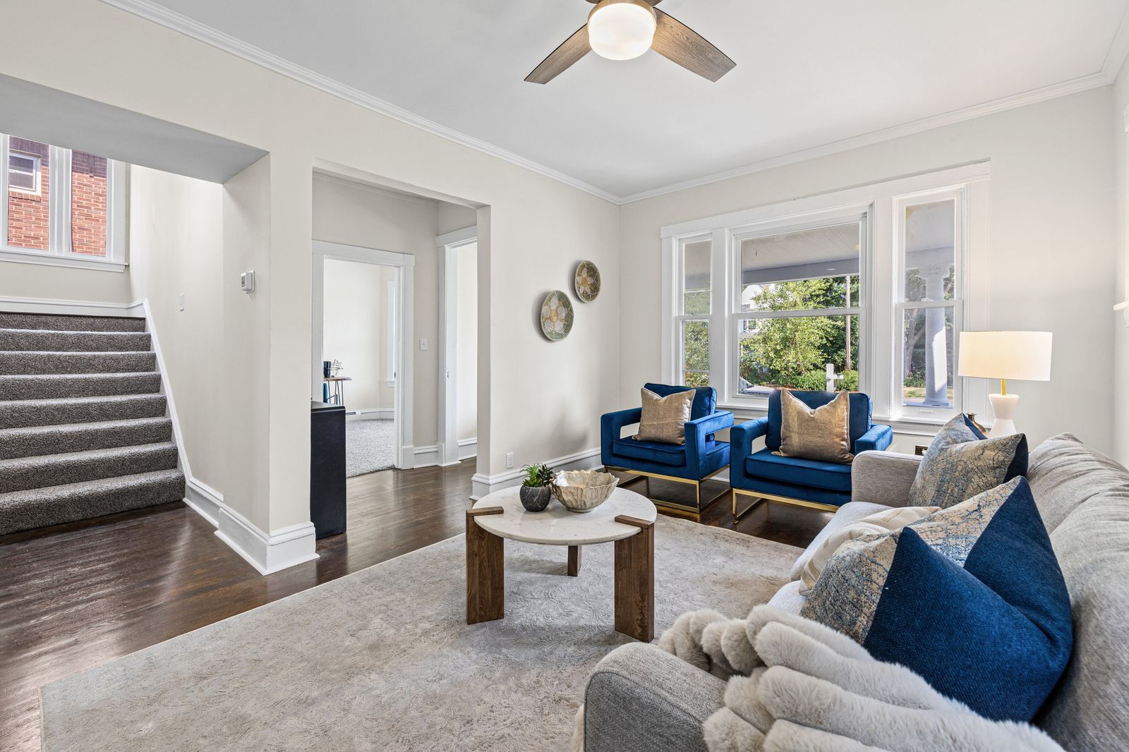 Living room, alternate view with staircase