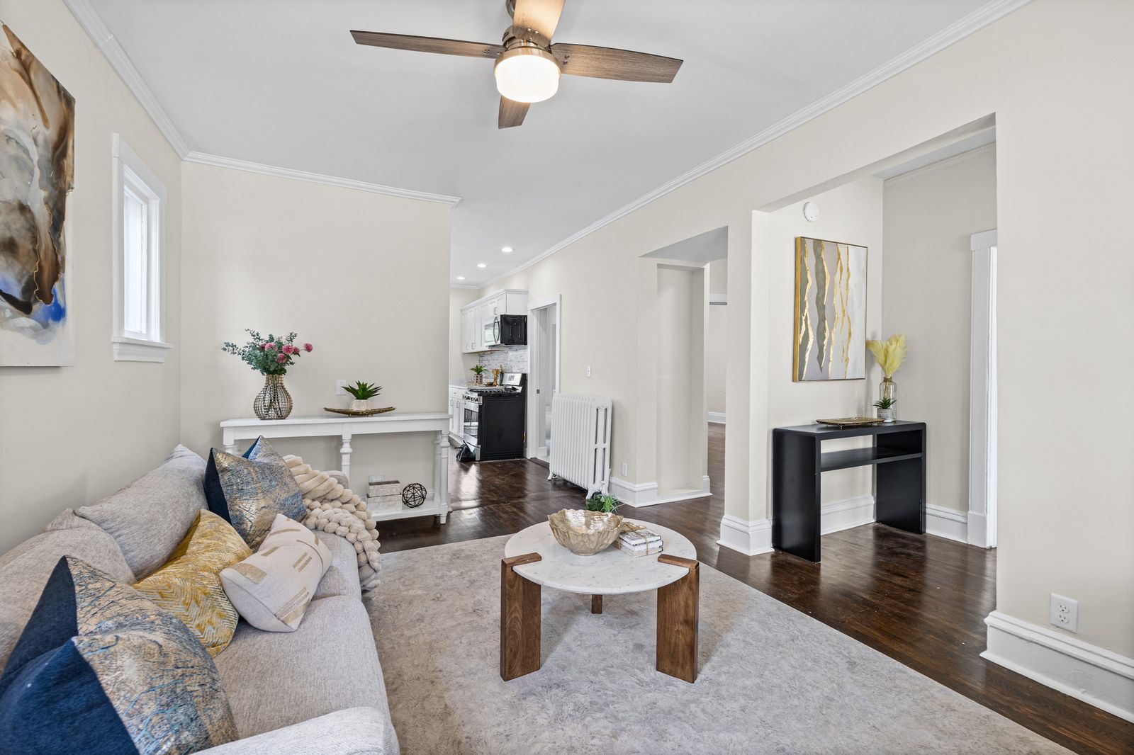 Living room open to dining area